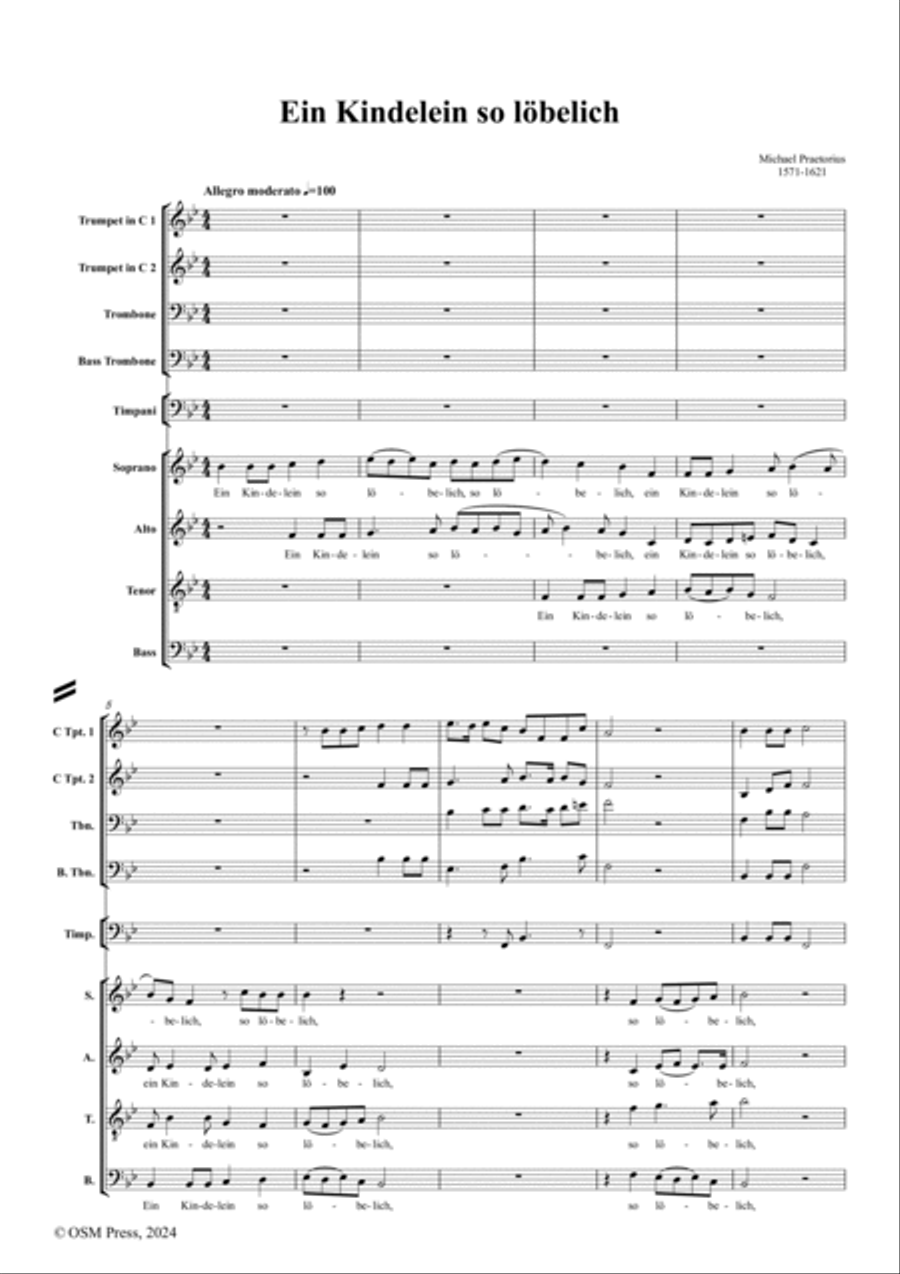 M. Praetorius-Ein Kindelein so löbelich,for Mixed Chorus,Brass and Timpani Choir scores gallery preview page 2