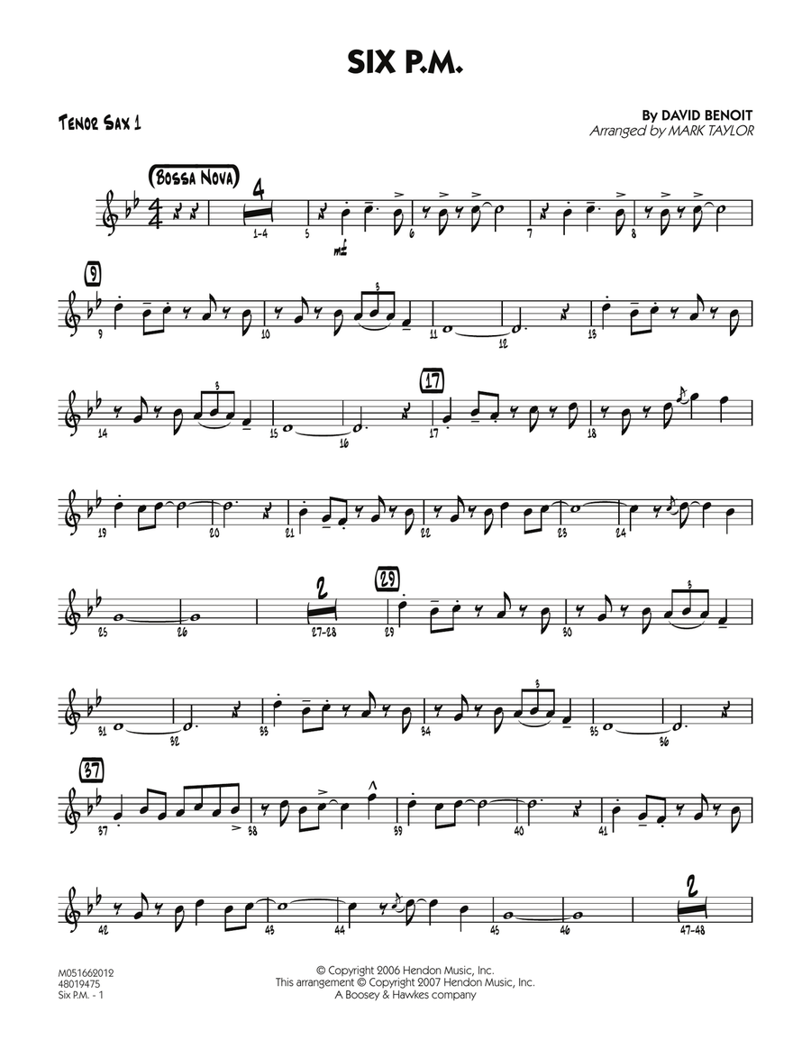 Six P.M. - Tenor Sax 1 Six P.M. - Tenor Sax 1 Jazz Ensemble scores gallery preview page 1
