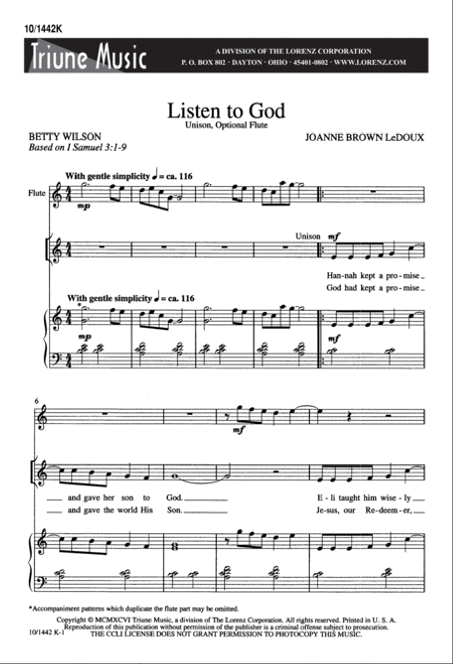 Listen to God Unison Choir scores gallery preview page 1