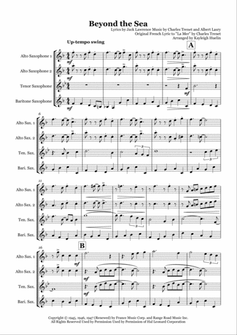 Beyond The Sea Saxophone Quartet scores gallery preview page 1