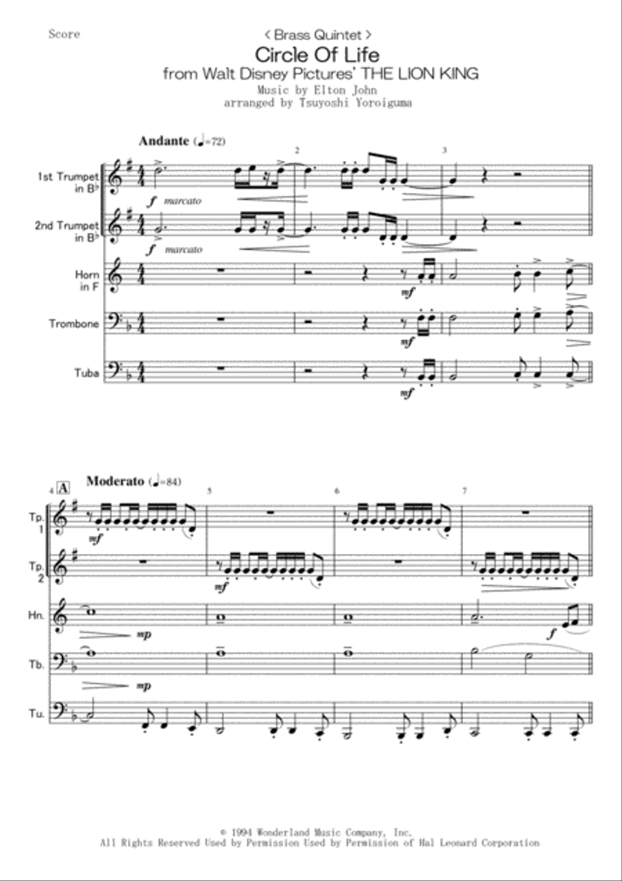 Circle Of Life Brass Ensemble scores gallery preview page 1