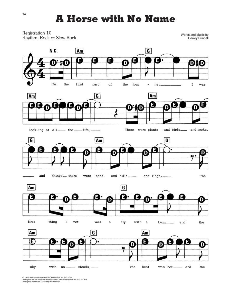 A Horse With No Name Electronic Keyboard scores gallery preview page 1