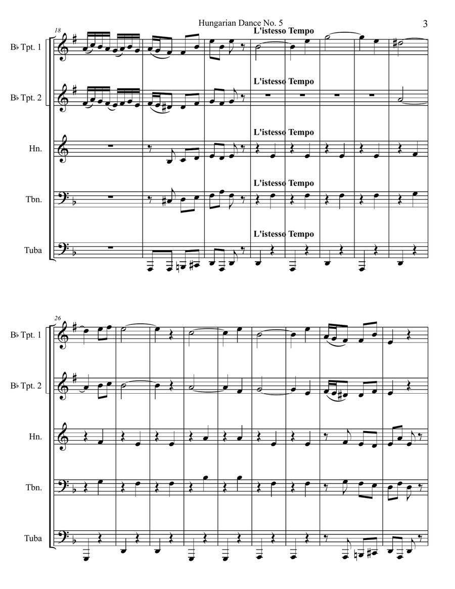 Hungarian Dance No 5 In G Minor - Allegro Vivace Brass Quintet scores gallery preview page 3