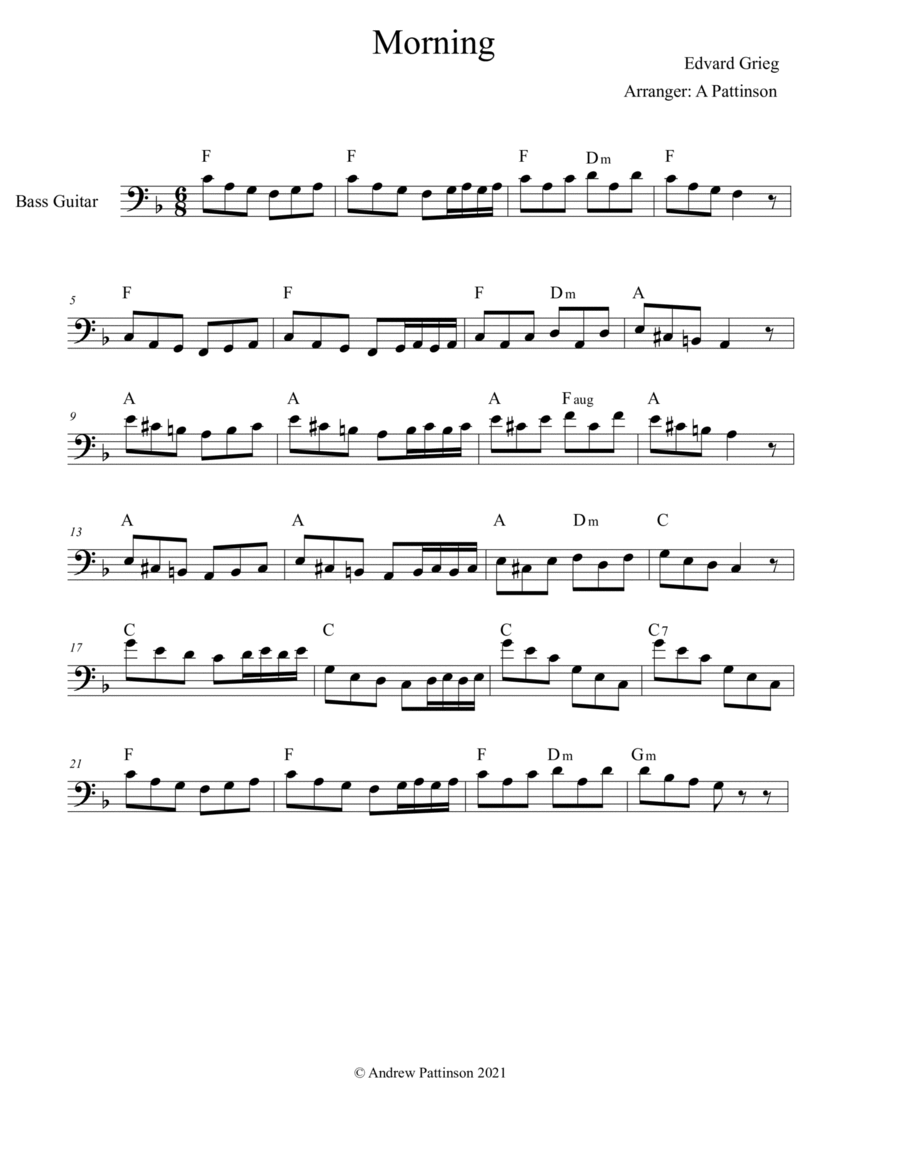 Morning by Edvard Grieg for Bass with Chords (no TAB) String Duet scores gallery preview page 1