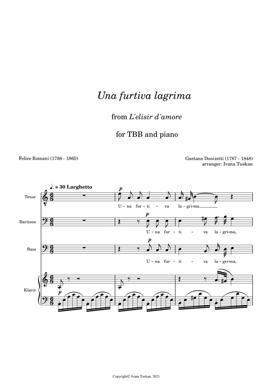 Una furtiva lagrima, for TBB a cappella, A minor 3-Part scores gallery preview page 1