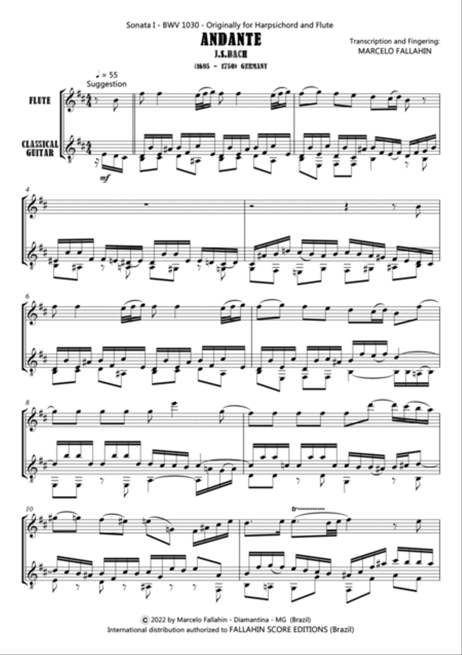 ANDANTE - SONATA I - BWV 1030 - J.S.BACH - FOR FLUTE AND GUITAR Chamber Music scores gallery preview page 2