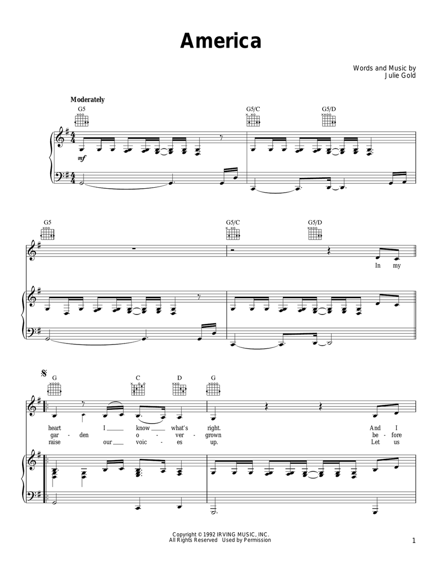 America (1992) Piano, Vocal, Guitar scores gallery preview page 1