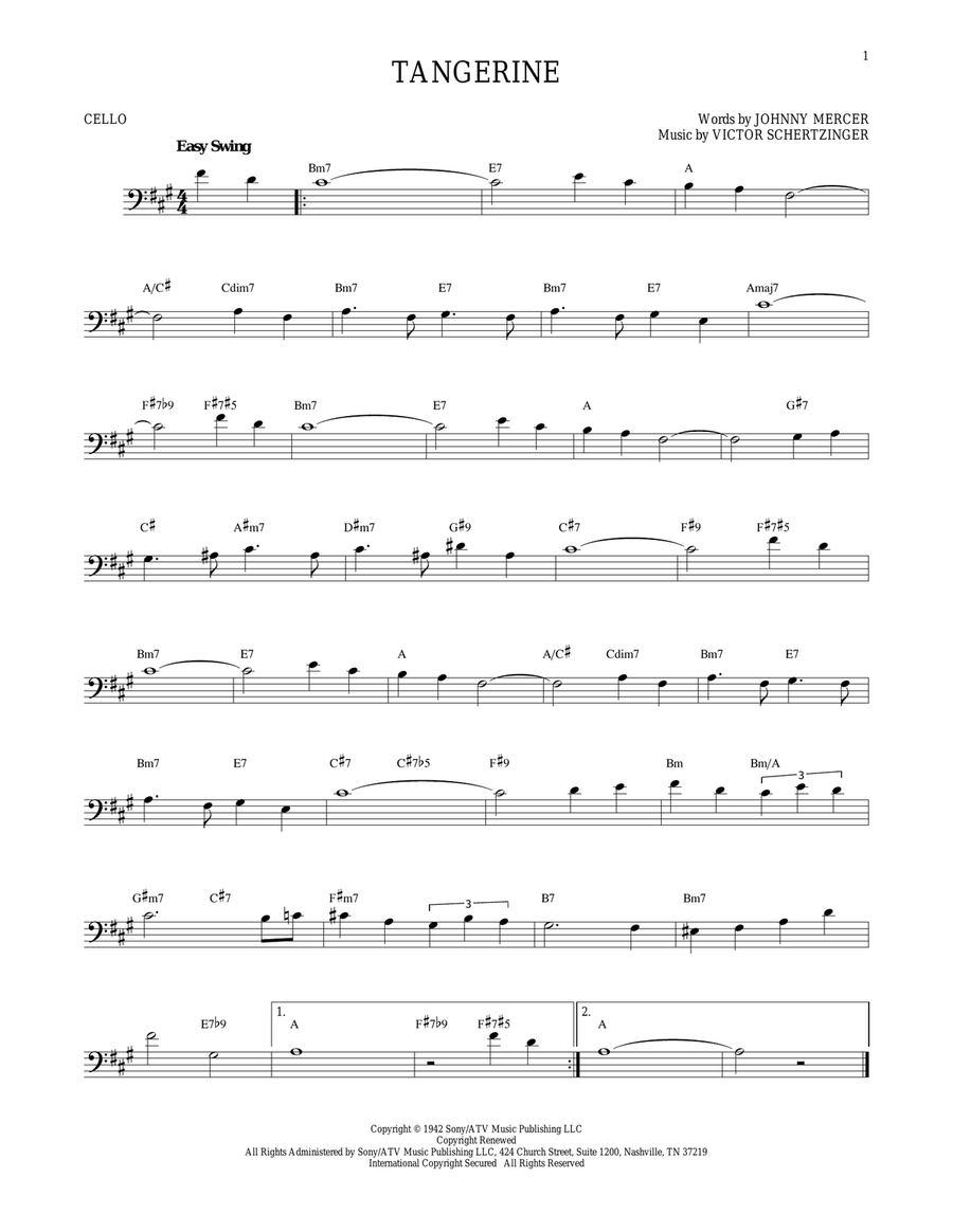 Tangerine Tangerine Cello Solo scores gallery preview page 1