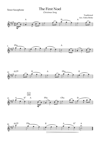 The First Noel (Christmas Song) for Tenor Saxophone Solo with Chords