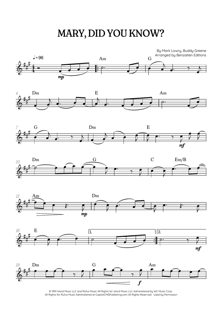 Mary, Did You Know? Alto Saxophone scores gallery preview page 1