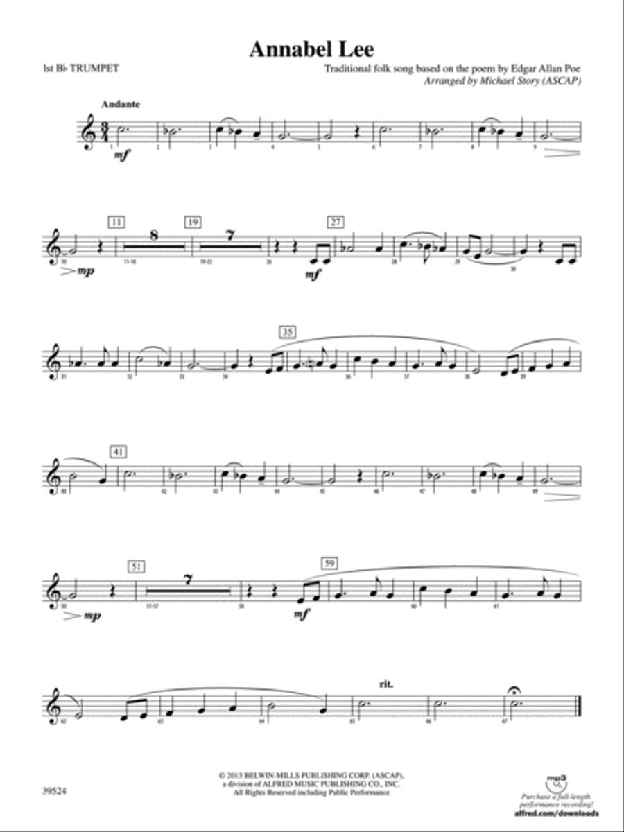 Annabel Lee: 1st B-flat Trumpet Concert Band scores gallery preview page 1