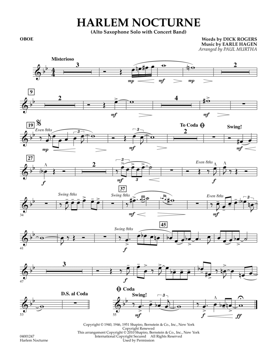 Harlem Nocturne (Alto Sax Solo with Band) - Oboe Concert Band scores gallery preview page 1