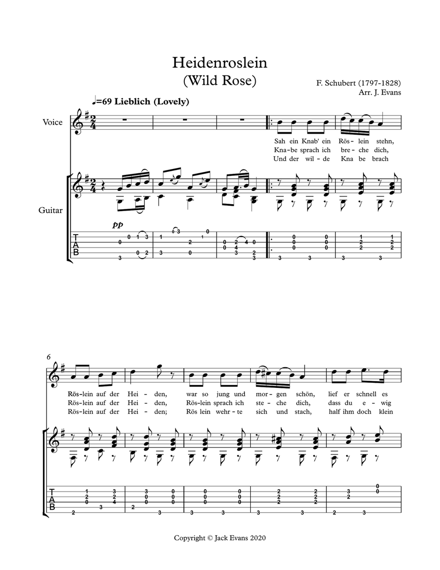 Schubert- Heidenroslein for voice and guitar Small Ensemble scores gallery preview page 1