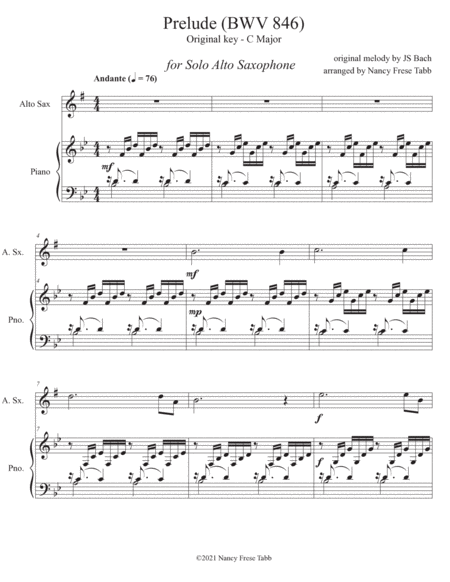 Bach Prelude BWV 846 arr. for Solo Alto Saxophone with Piano Accompaniment image number null