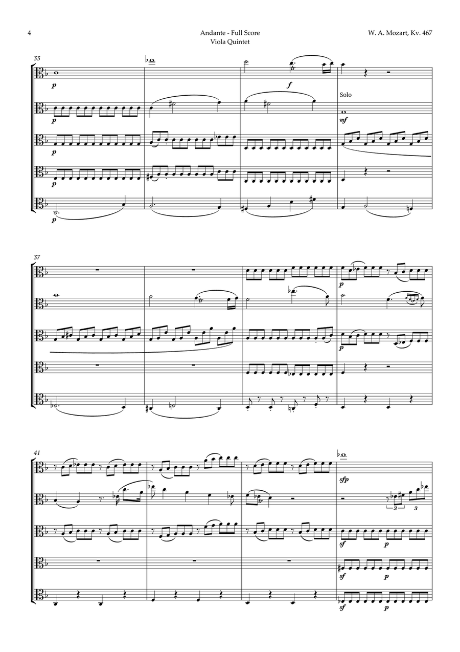 Andante from Piano Concerto No. 21 by Mozart for Viola Quintet String Quintet scores gallery preview page 4