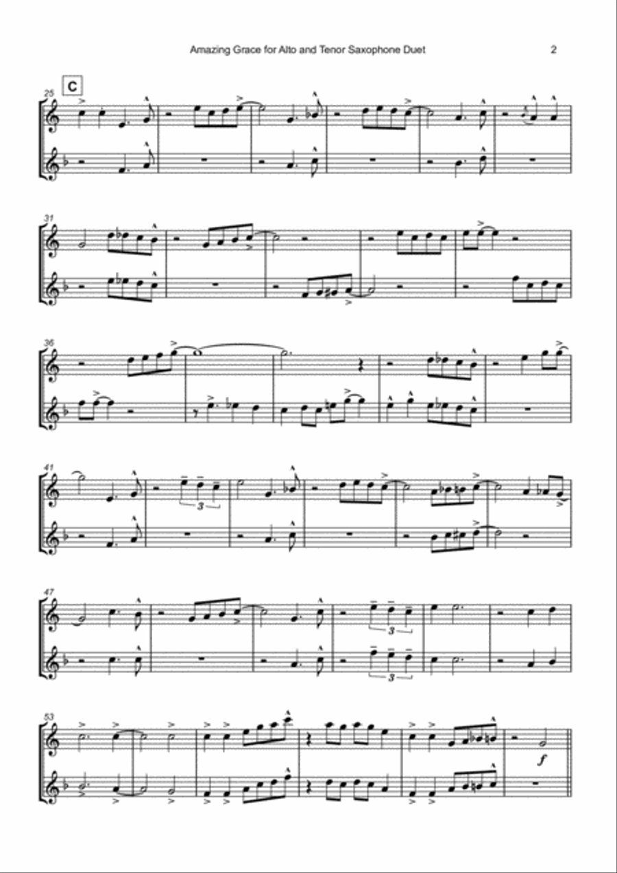 Amazing Grace, Gospel style for Alto and Tenor Saxophone Duet Woodwind Duet scores gallery preview page 3