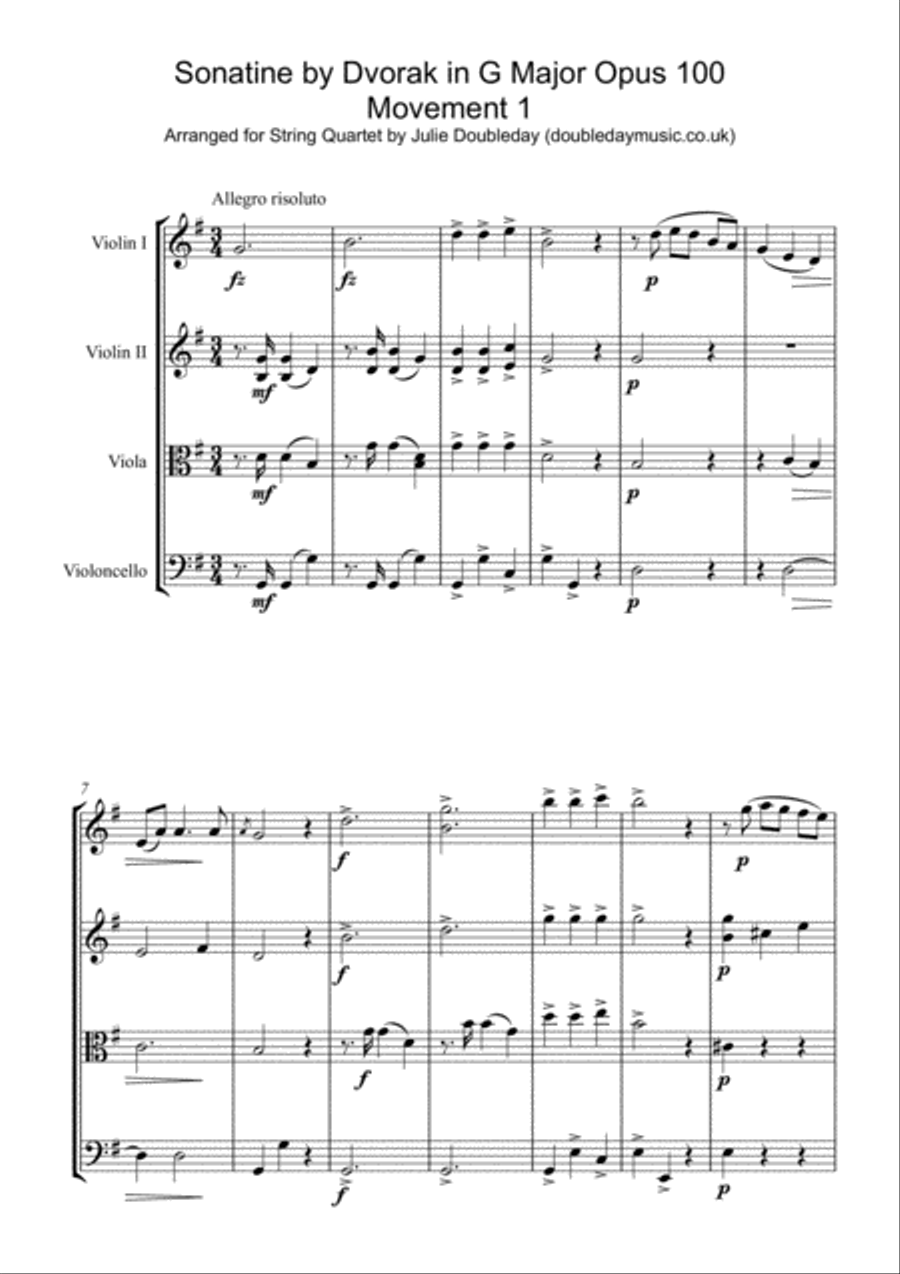 Dvorak Sonatine in G Major Opus 100 (1st Movement) arranged for String Quartet