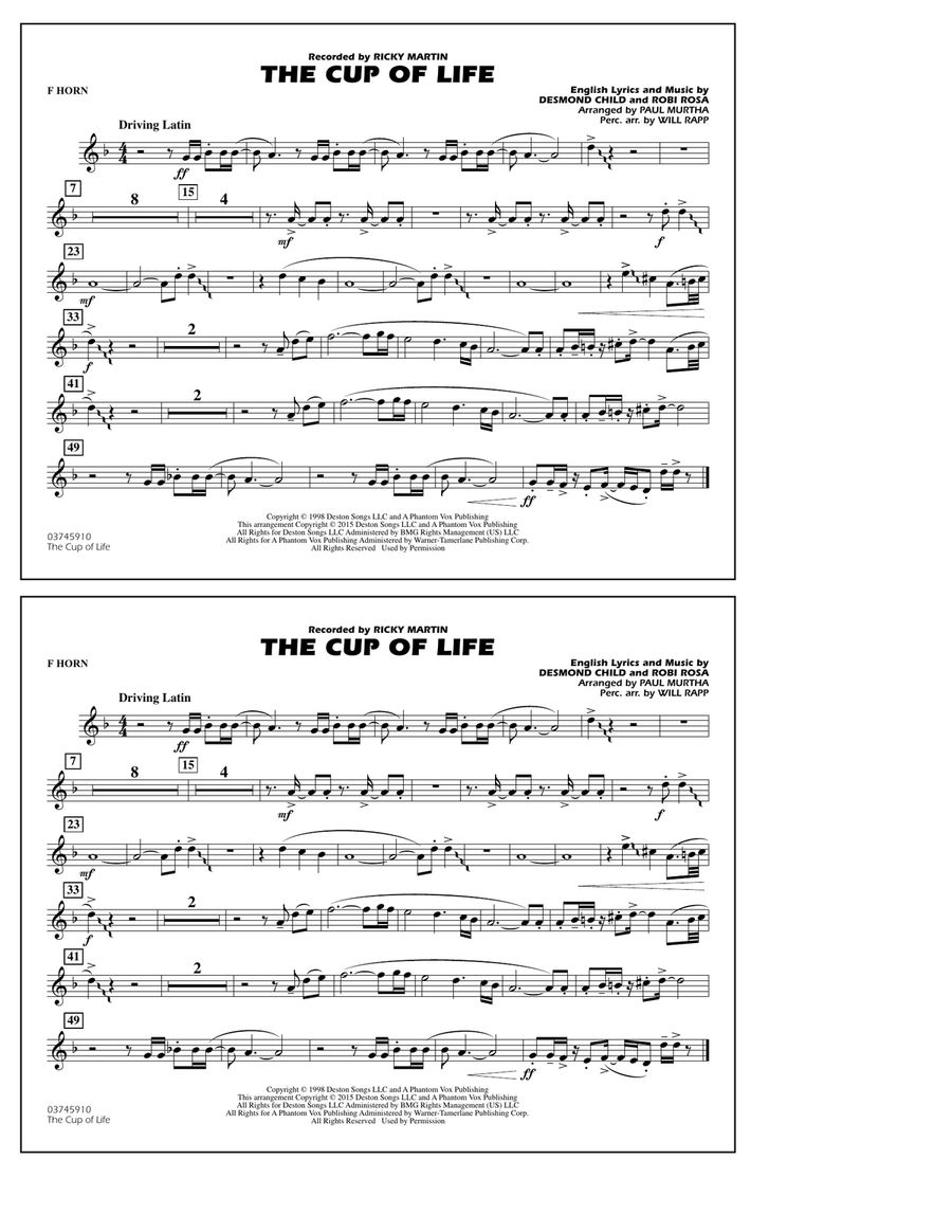 The Cup of Life - F Horn The Cup of Life - F Horn Marching Band scores gallery preview page 1