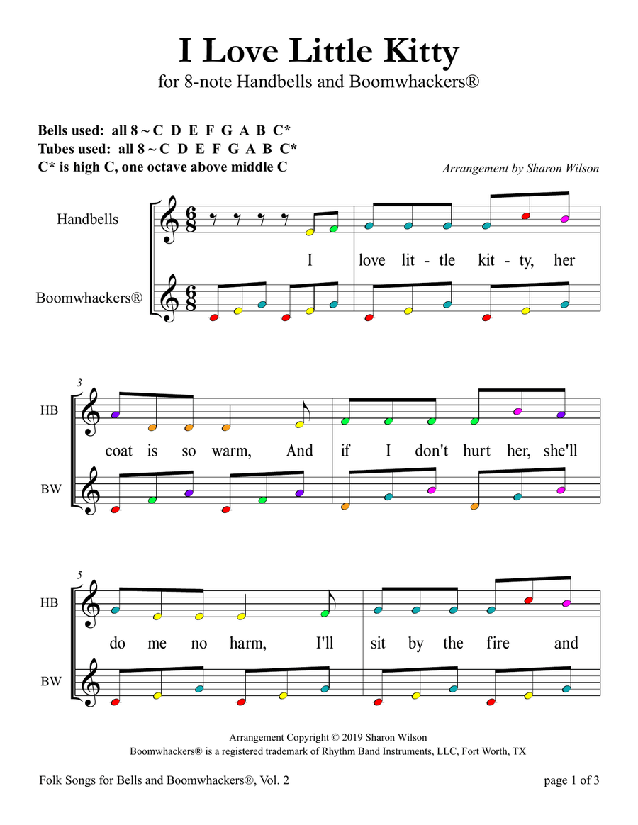 I Love Little Kitty (for 8-note Bells and Boomwhackers with Color Coded Notes) Handbell Choir scores gallery preview page 5