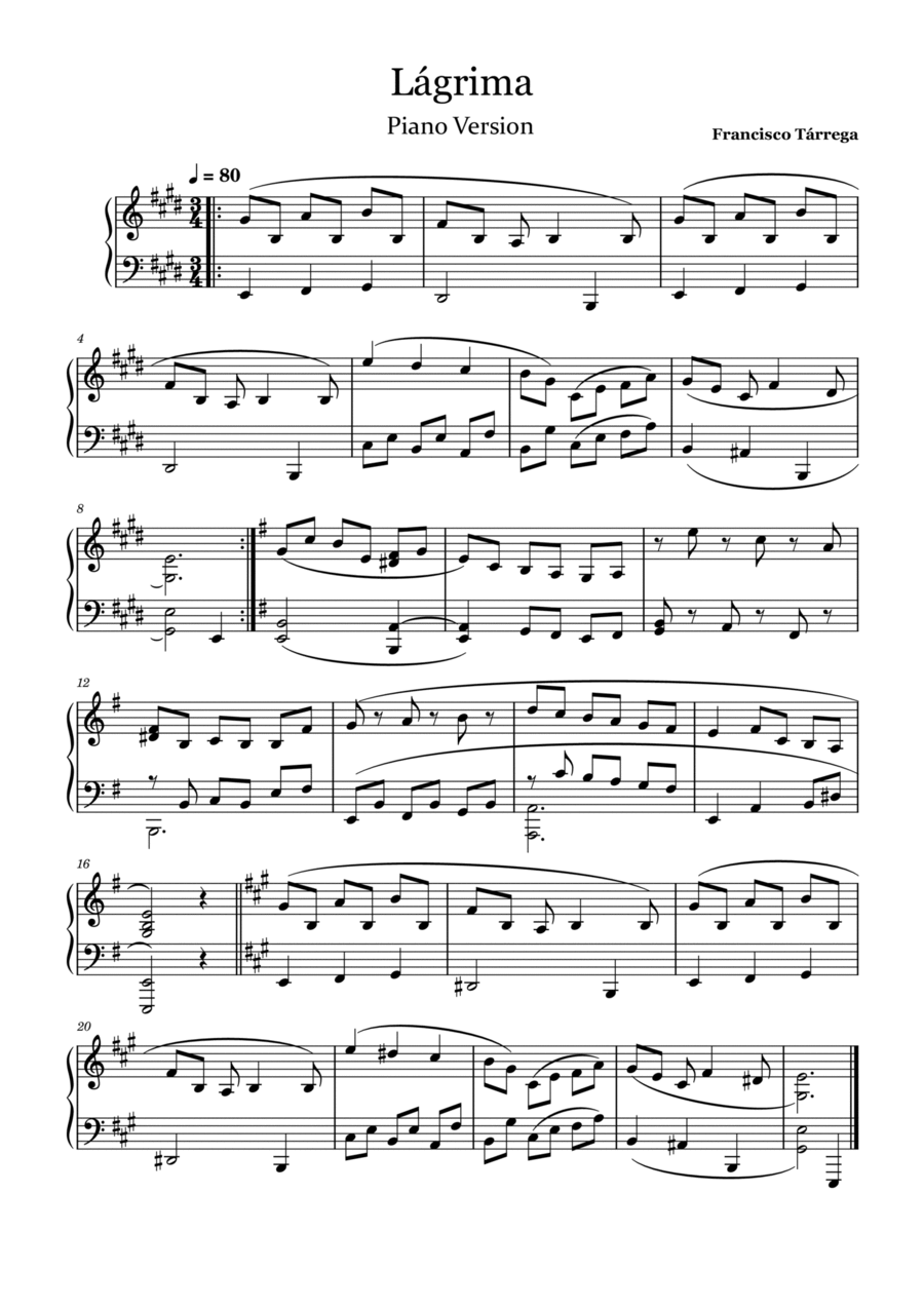Lagrima - Tarrega - Easy Piano Piano Method scores gallery preview page 1