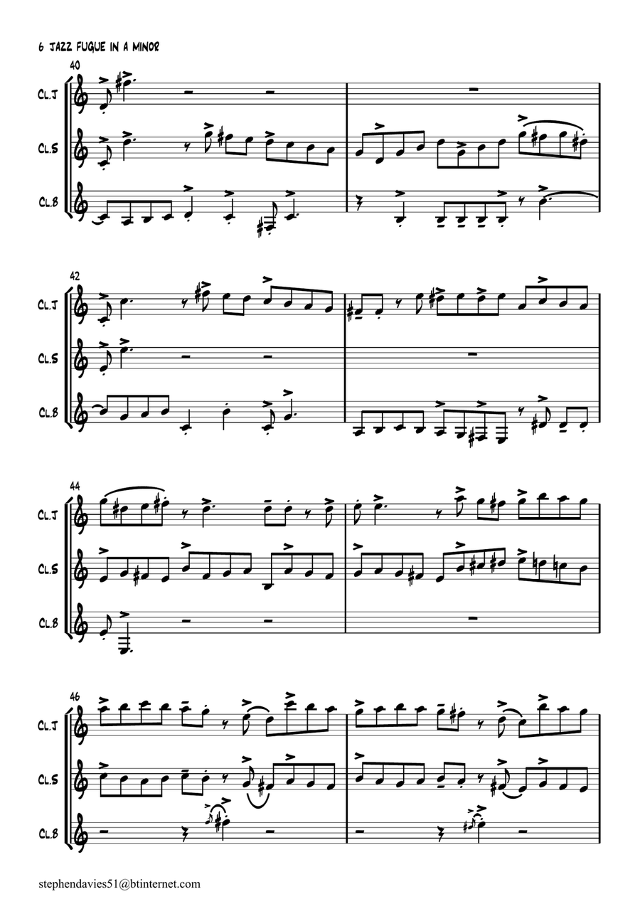 'Jazz Fugue in A Minor' based on BWV944 by J.S.Bach for Clarinet Trio. Clarinet Trio scores gallery preview page 6