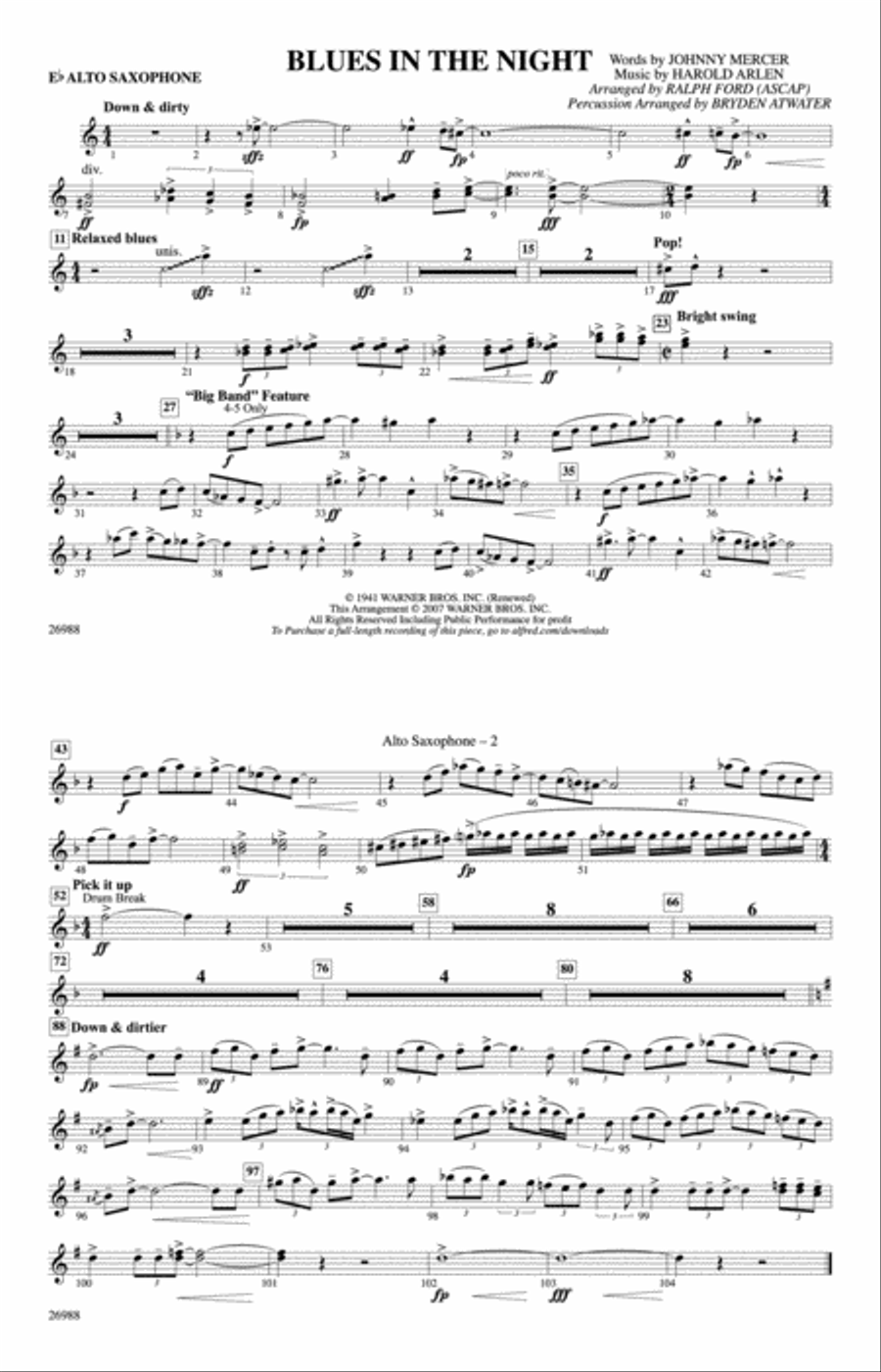 Blues in the Night: E-flat Alto Saxophone Marching Band scores gallery preview page 1