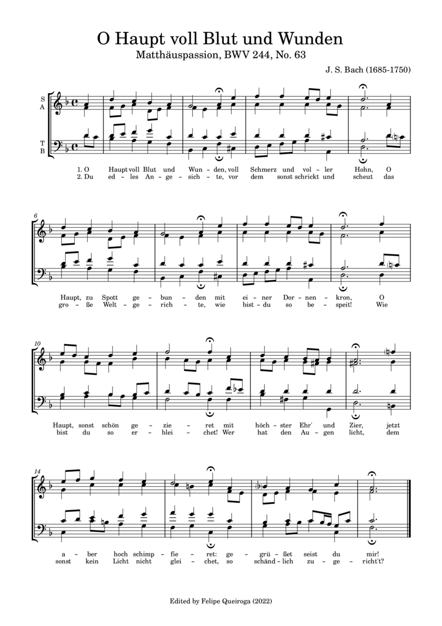 O Haupt voll Blut und Wunden (St. Matthew Passion, BWV 244, No. 63 Chorale) 4-Part scores gallery preview page 1