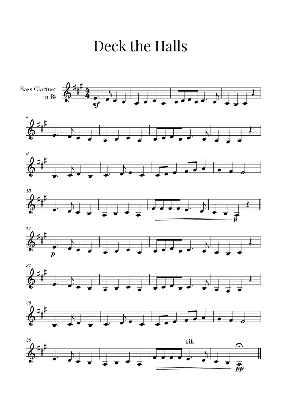 Deck the Halls (for Bass Clarinet) Bass Clarinet scores gallery preview page 1