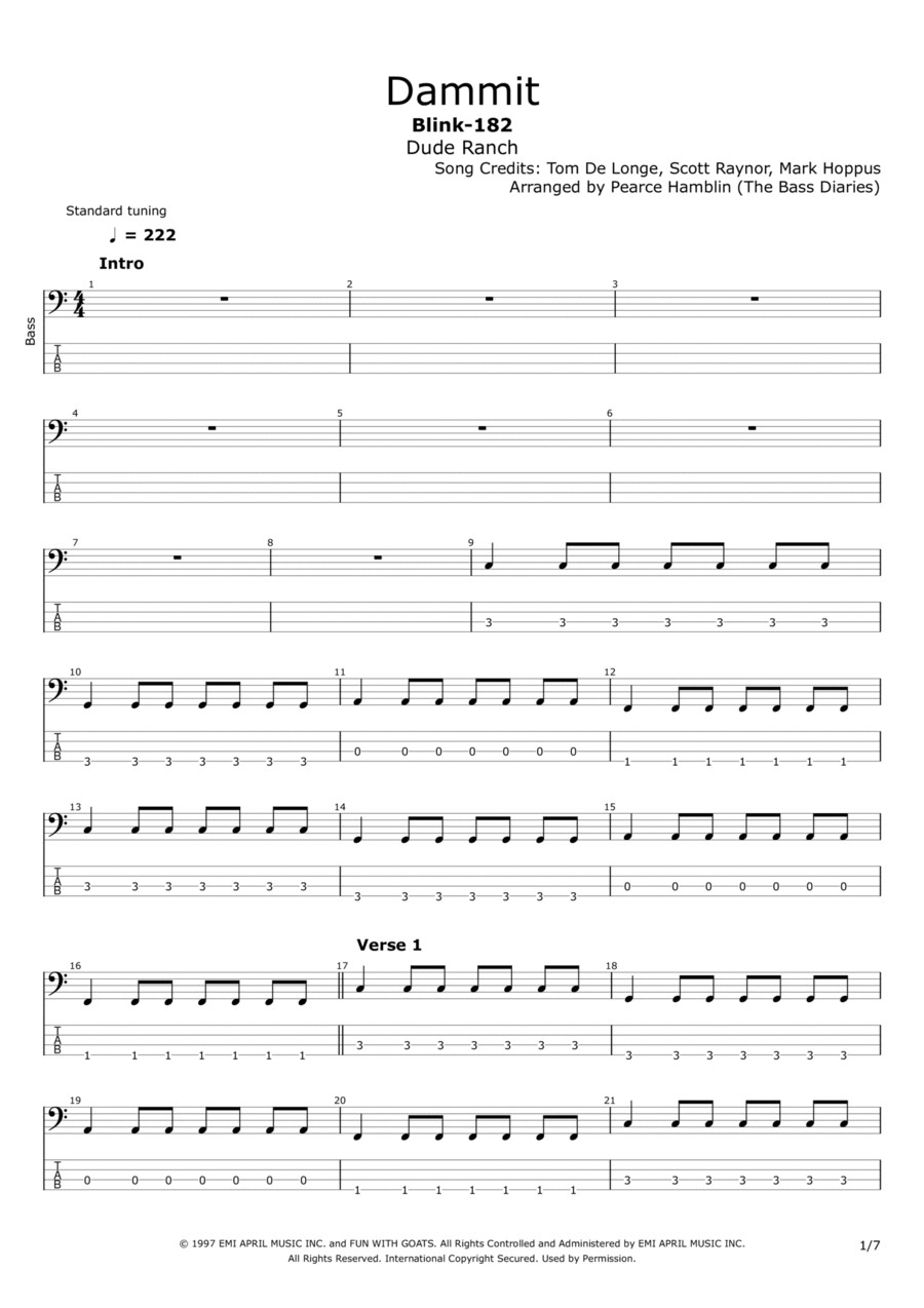Dammit Bass Guitar scores gallery preview page 1