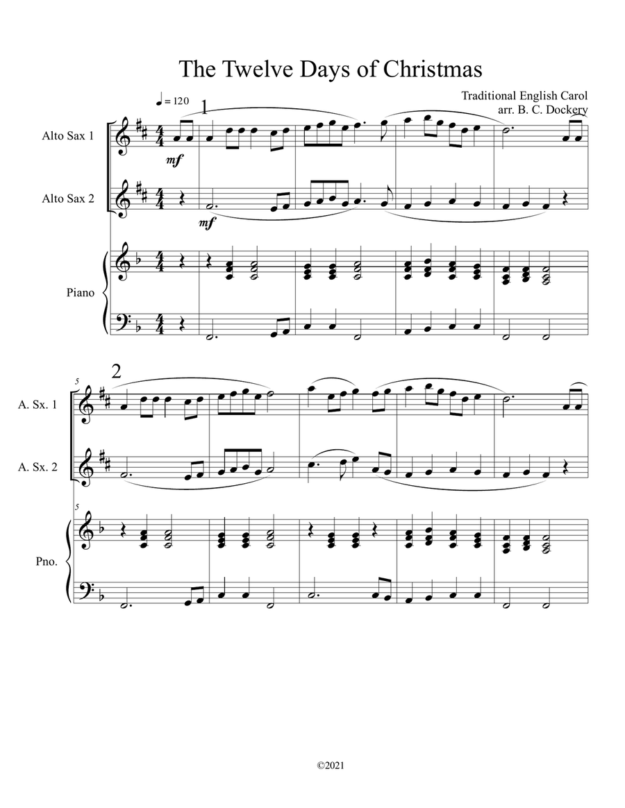 The Twelve Days of Christmas (Alto Sax Duet with Piano Accompaniment) Woodwind Duet scores gallery preview page 1