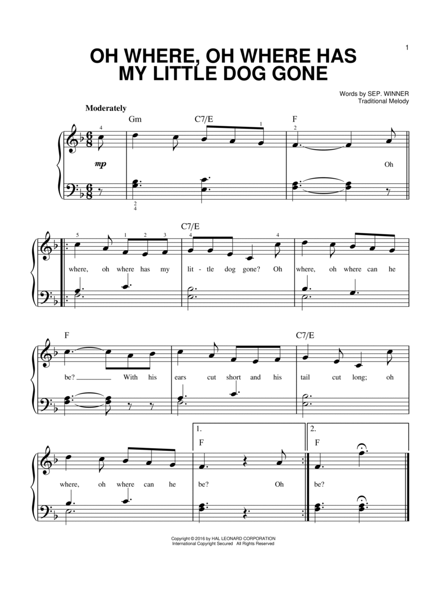 Oh Where, Oh Where Has My Little Dog Gone Easy Piano scores gallery preview page 1