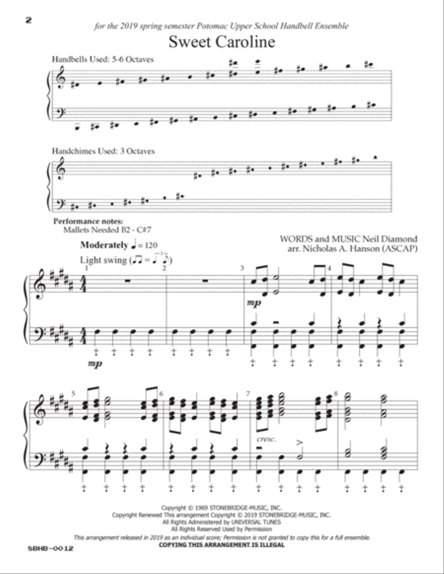 Sweet Caroline Handbell Choir scores gallery preview page 2