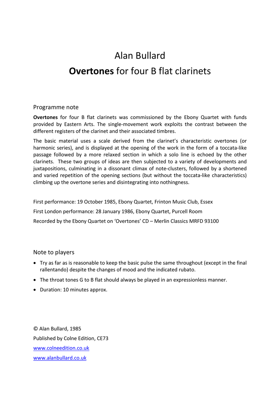 Overtones (for four clarinets in B flat) Clarinet Quartet scores gallery preview page 2