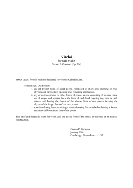Carson Cooman: Virelai (2008) for solo violin