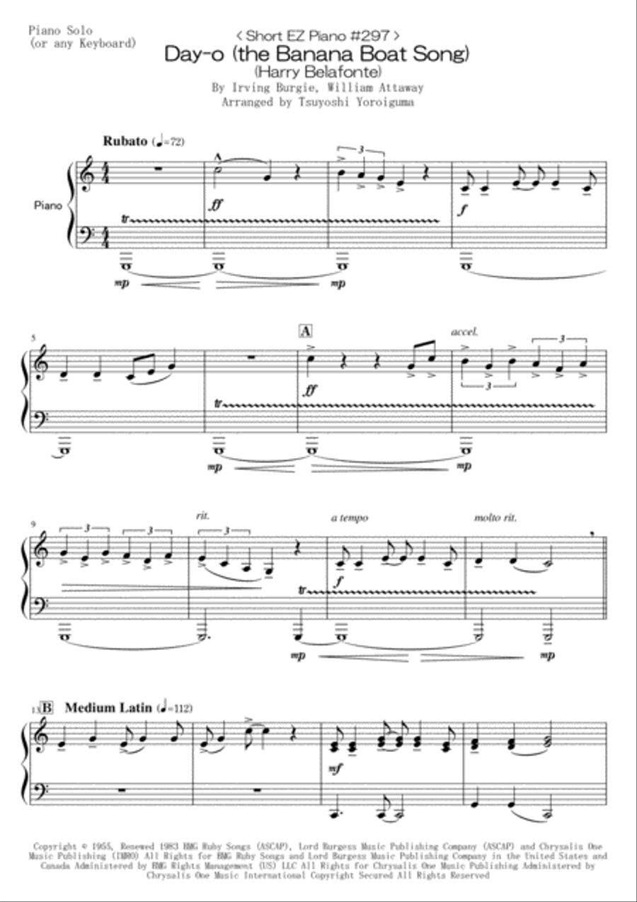 Day-o (the Banana Boat Song) Easy Piano scores gallery preview page 1