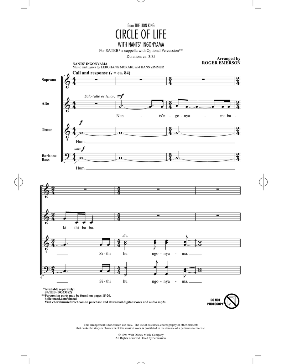 Circle Of Life (with Nants' Ingonyama) (from The Lion King) (arr. Roger Emerson) 4-Part scores gallery preview page 1