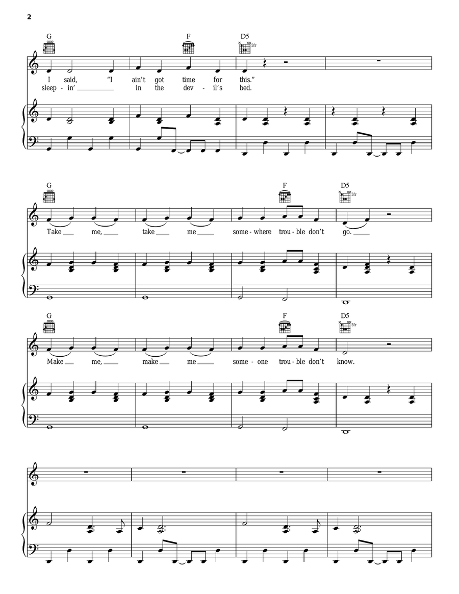 Somewhere Trouble Don't Go Piano, Vocal, Guitar scores gallery preview page 2