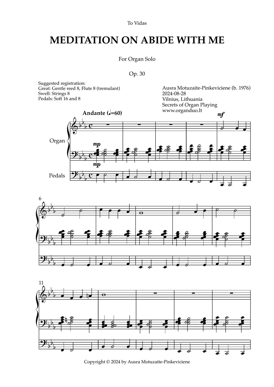 Meditation on Abide with Me, Op. 30 (Organ Solo) by Ausra Motuzaite-Pinkeviciene (2024) Organ Solo scores gallery preview page 1