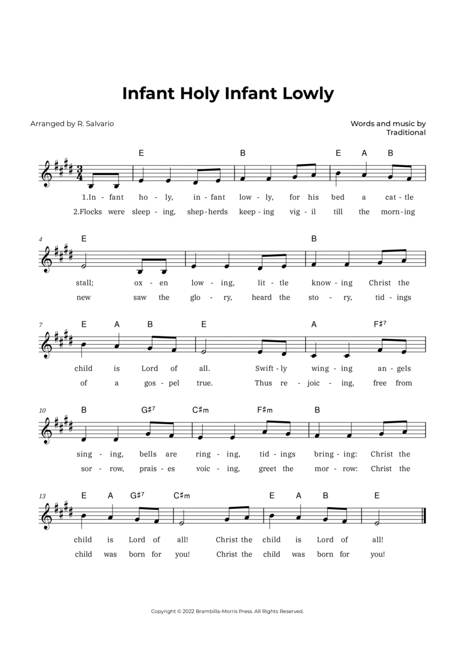 Infant Holy Infant Lowly (Key of E Major) Easy Piano scores gallery preview page 1