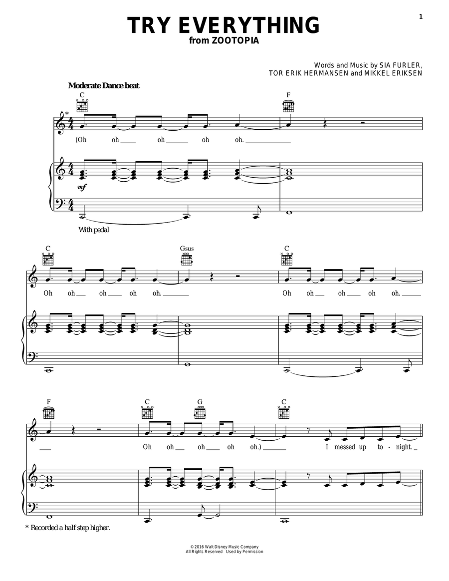 Try Everything (from Zootopia) Piano, Vocal, Guitar scores gallery preview page 1