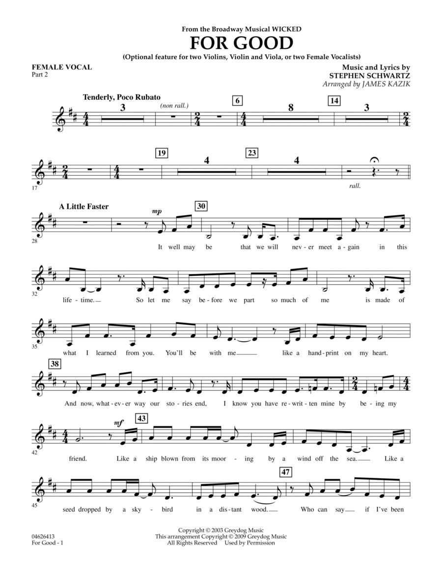 For Good (Duet Feature from Wicked) - Female Vocal Part 2 Voice scores gallery preview page 1