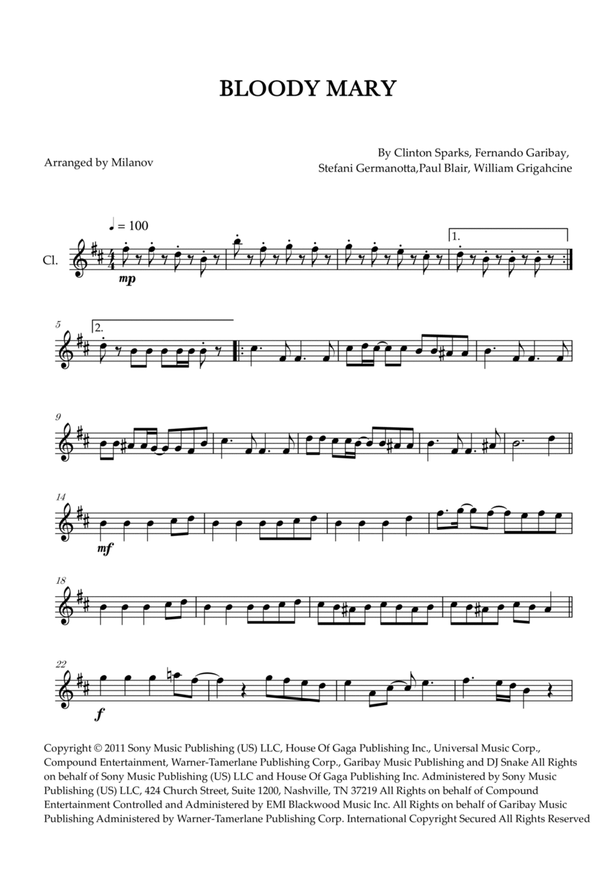 Bloody Mary B-Flat Clarinet scores gallery preview page 1