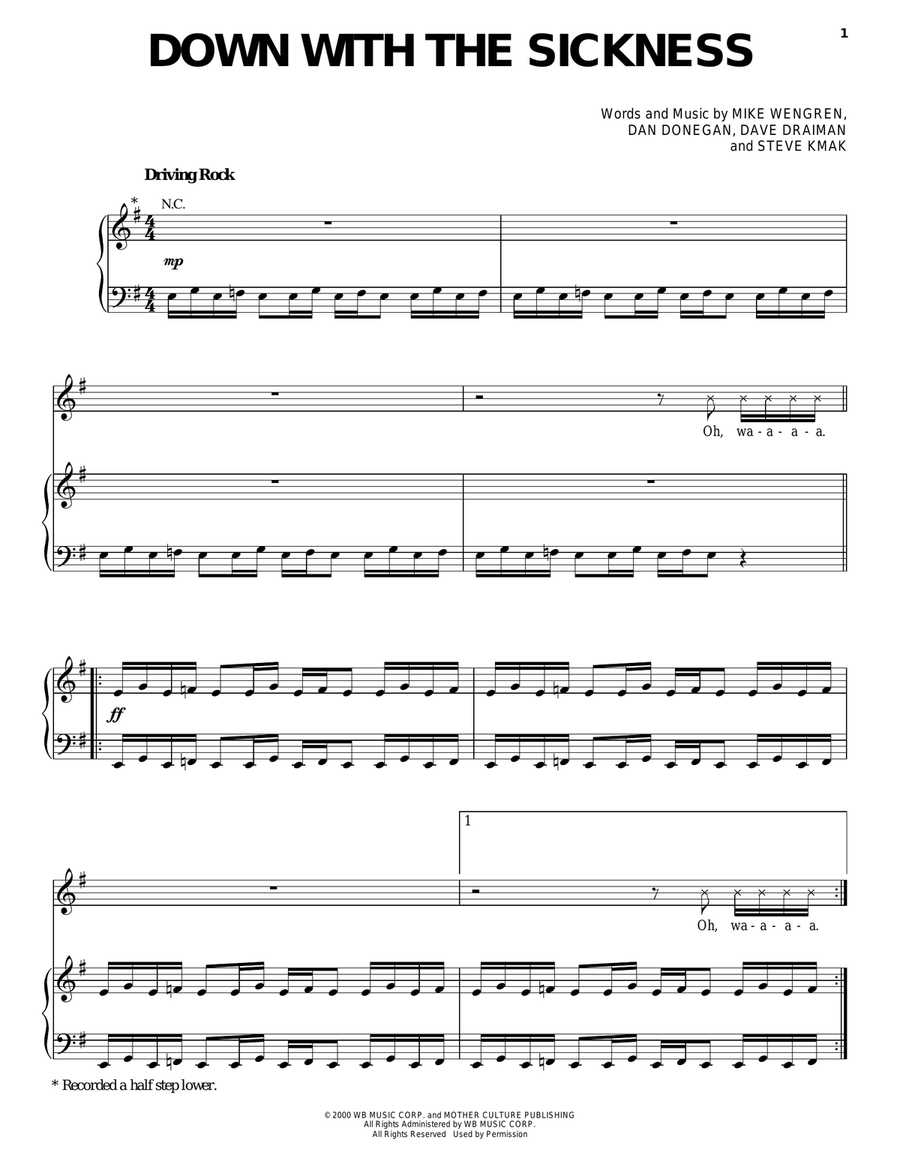 Down With The Sickness by Disturbed Piano Vocal Guitar