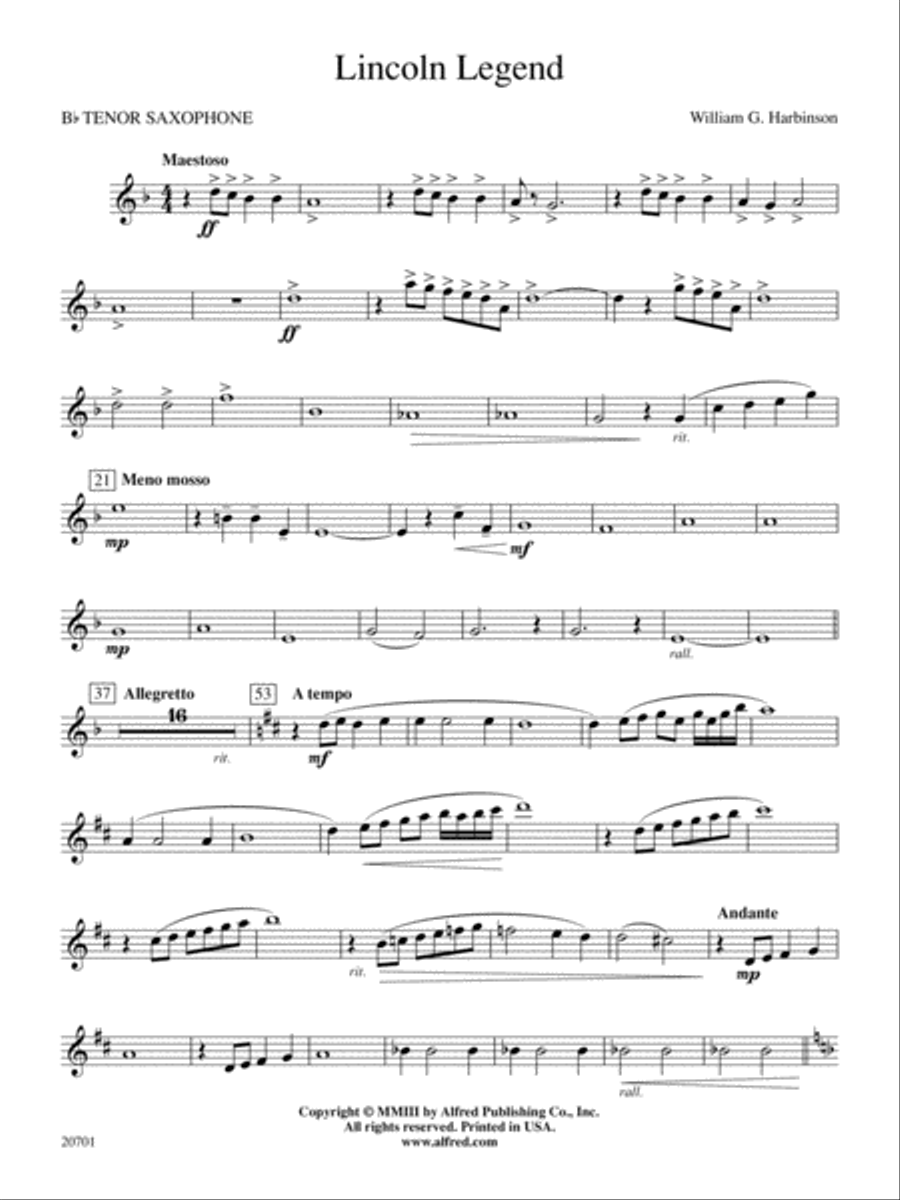 Lincoln Legend: B-flat Tenor Saxophone Concert Band scores gallery preview page 1