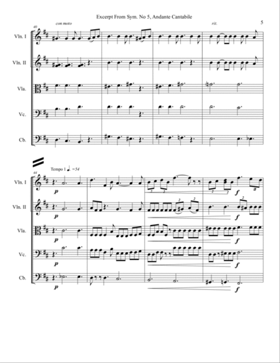 Excerpt from Tchaikovsky, Symphony. No. 5, Movement II, Arr. for Strings String Orchestra scores gallery preview page 6