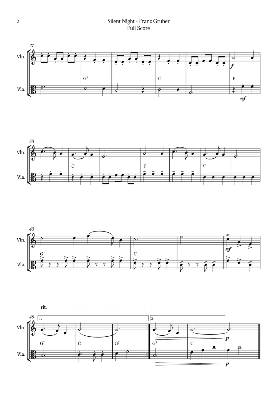 Silent Night for Violin and Viola Duet String Duet scores gallery preview page 2