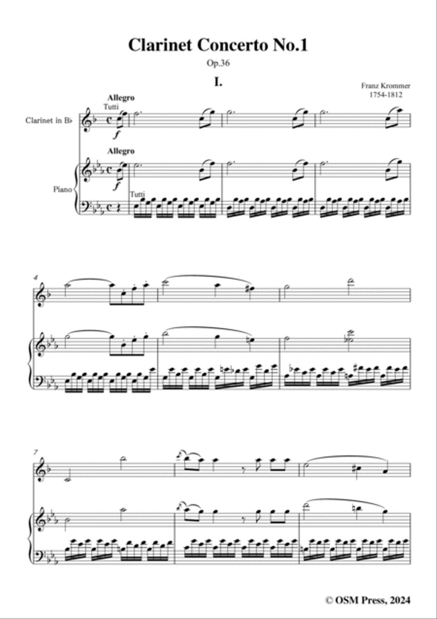 F. Krommer-Clarinet Concerto No.1,Op.36,for Clarinet and Piano B-Flat Clarinet scores gallery preview page 3