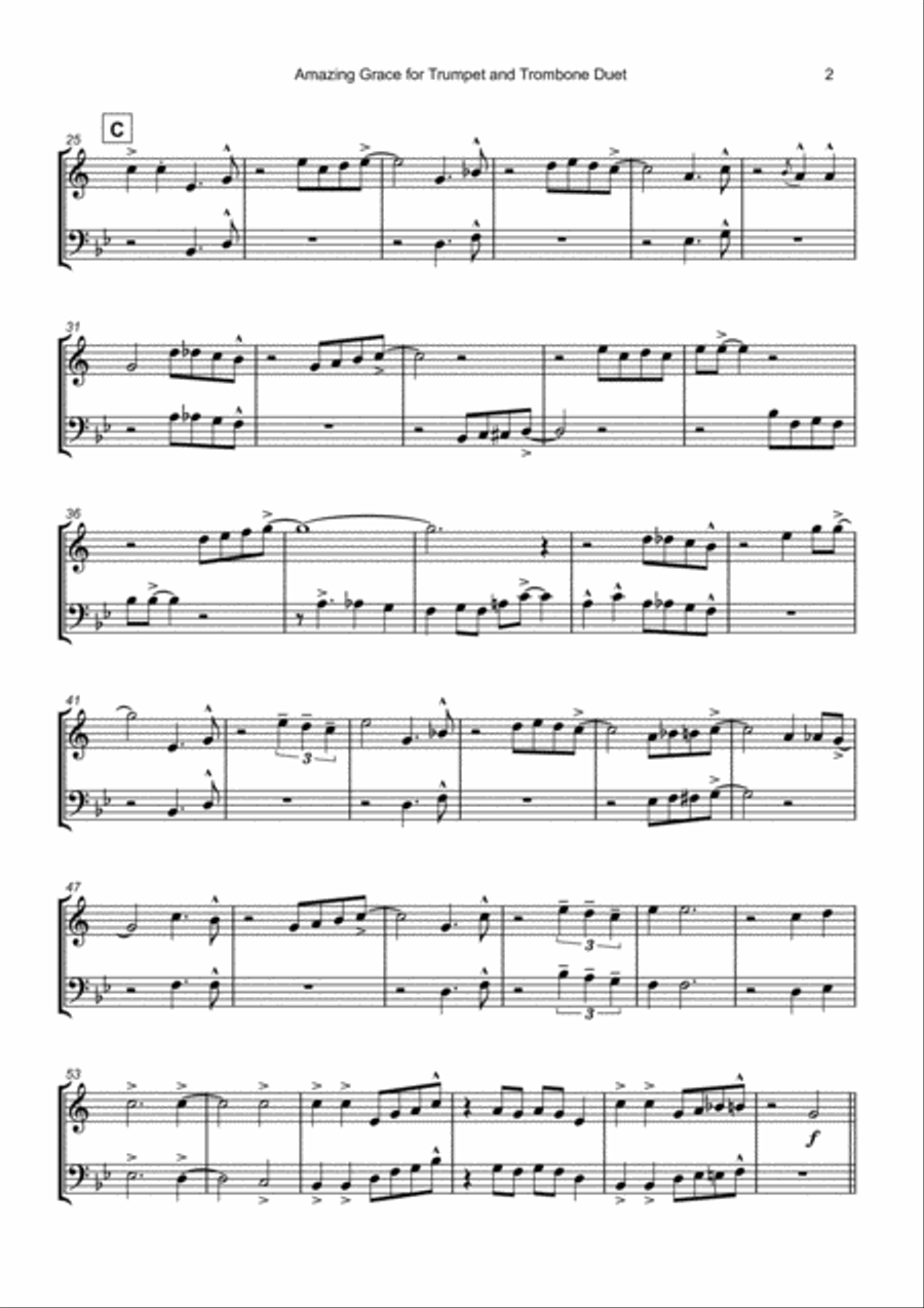 Amazing Grace, Gospel style for Trumpet and Trombone Duet Brass Duet scores gallery preview page 3