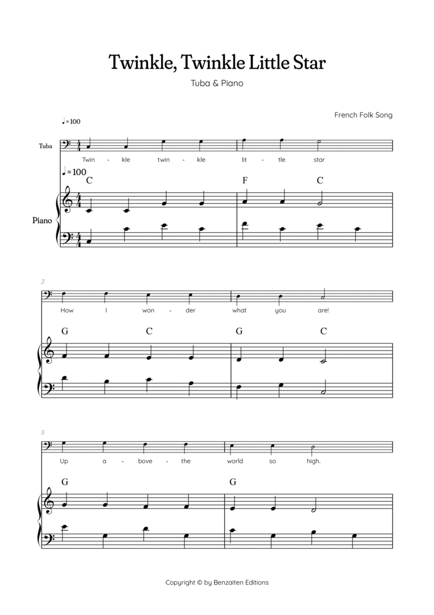 Twinkle, Twinkle Little Star • Easy tuba sheet music with easy piano accompaniment w/ chords image number null