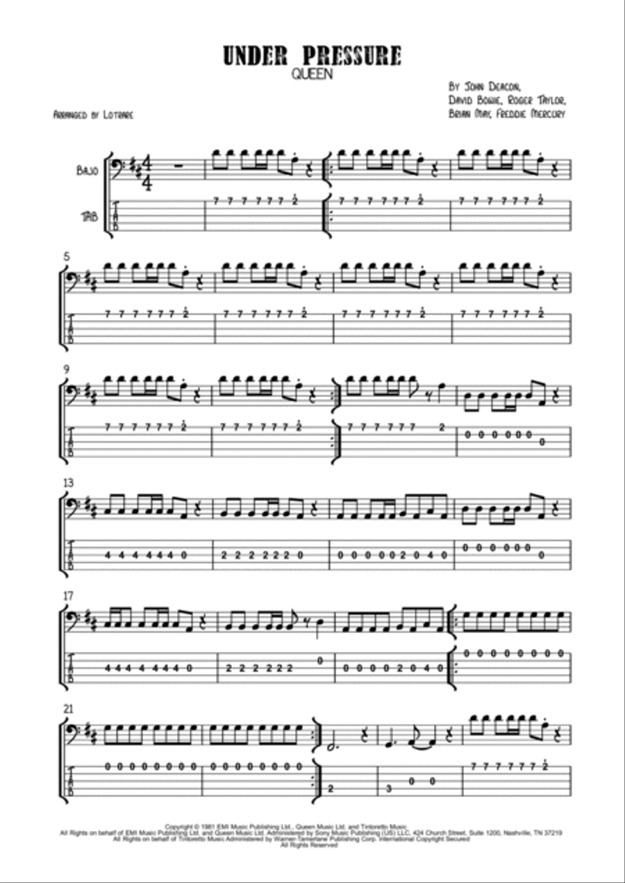 Under Pressure Bass Guitar scores gallery preview page 2